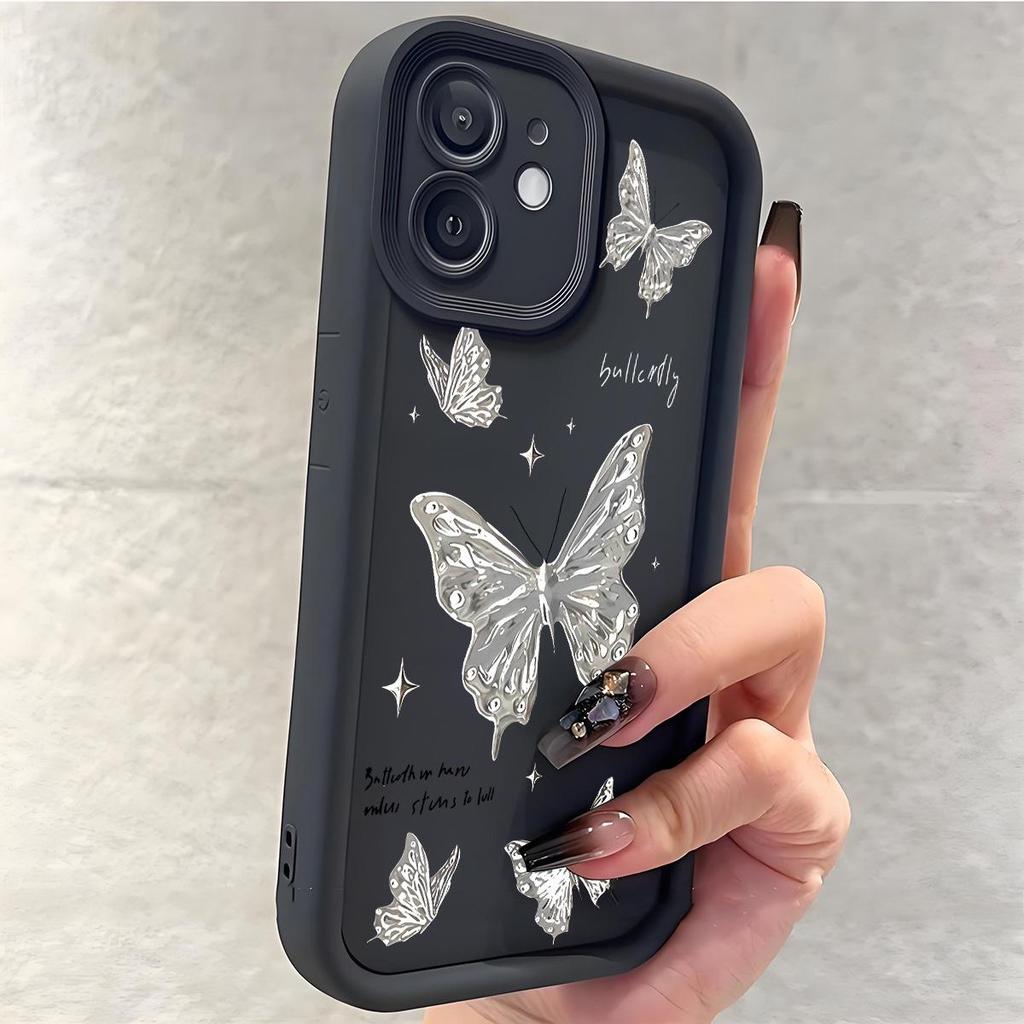 Silver Butterfly Diamond Cross iPhone 15/16/17 Case - Black Groove Sky Eye Design