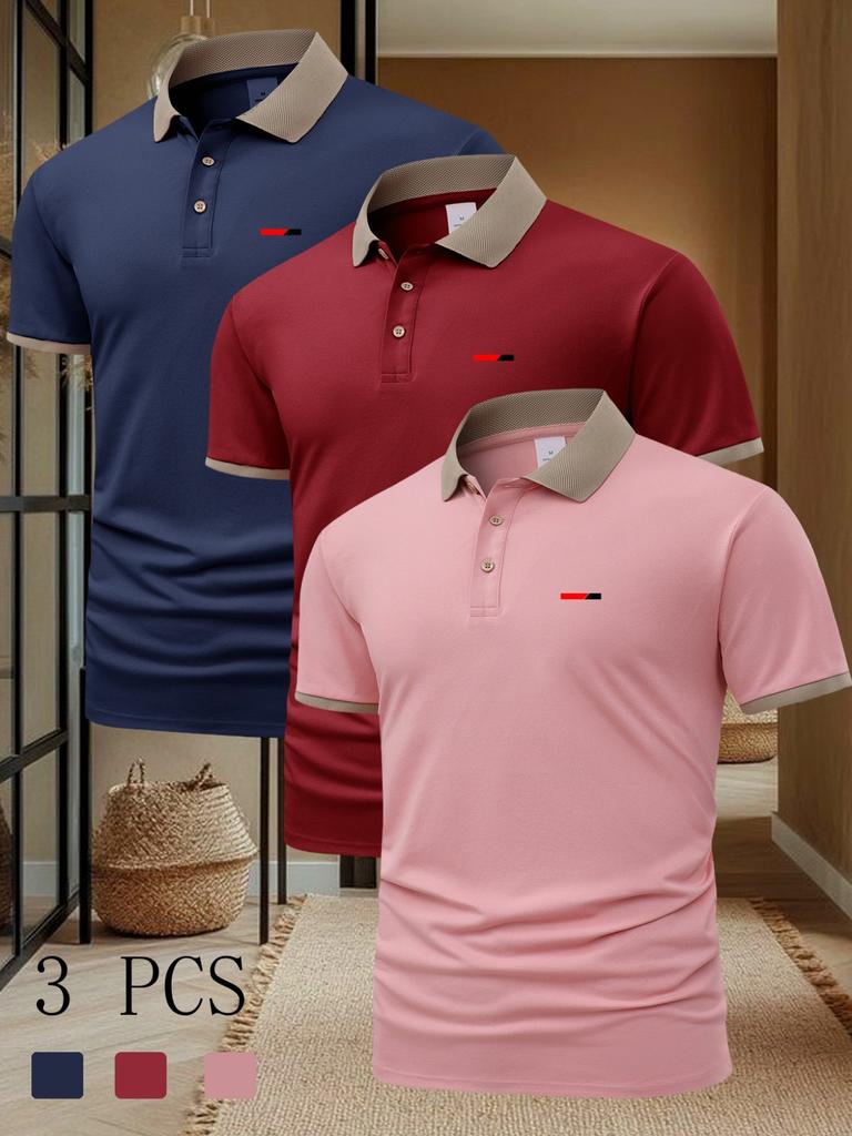 3pcs Men's POLO Shirt Striped Print Summer Casual T Shirts Short-Sleeved Fashion Casual Daily Business Top