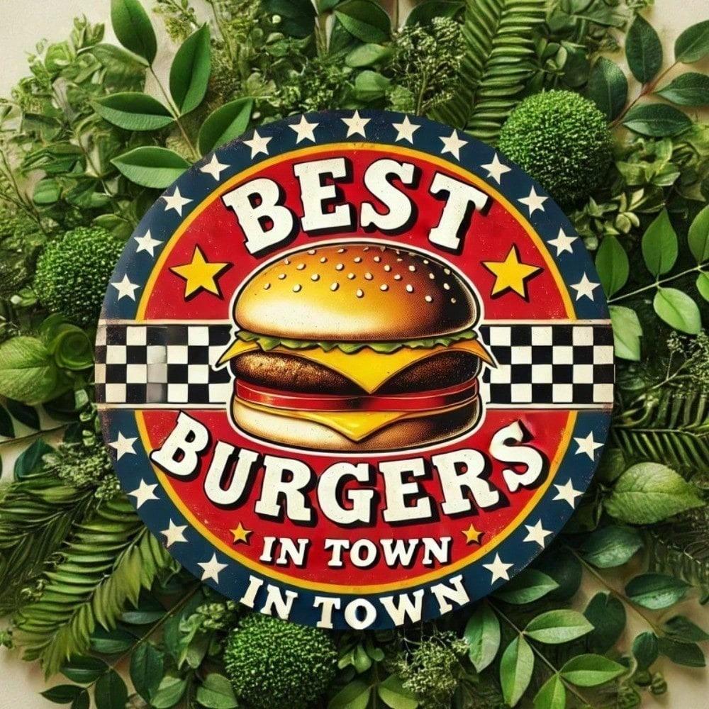 Vintage Retro Burger Metal Sign Best Burgers In Town Round Plaque Bar Cafe Kitchen Wall Decor