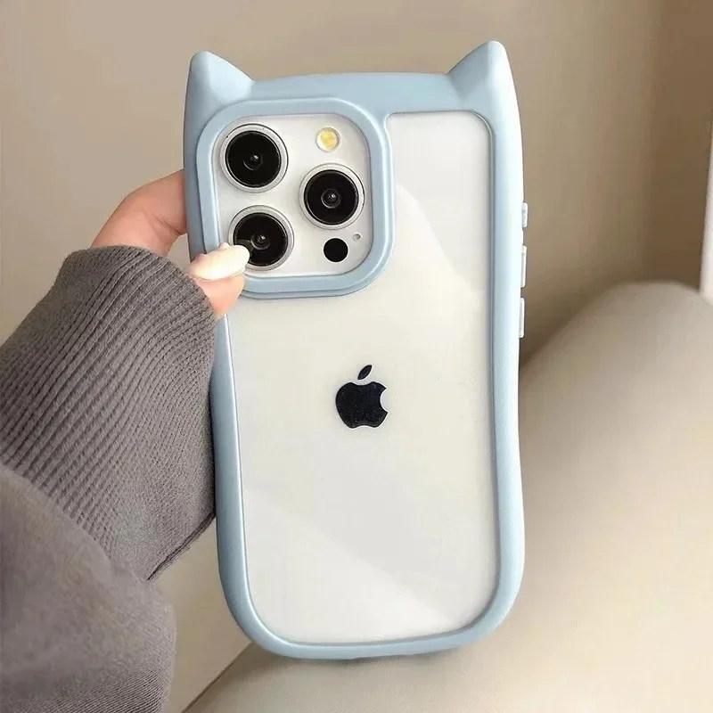 Soft Silicone Cute Cat Ear Phone Case For iPhone 11 12 13 14 15 Pro Max Transparent Shockproof Hard Acrylic Bumper Back Cover