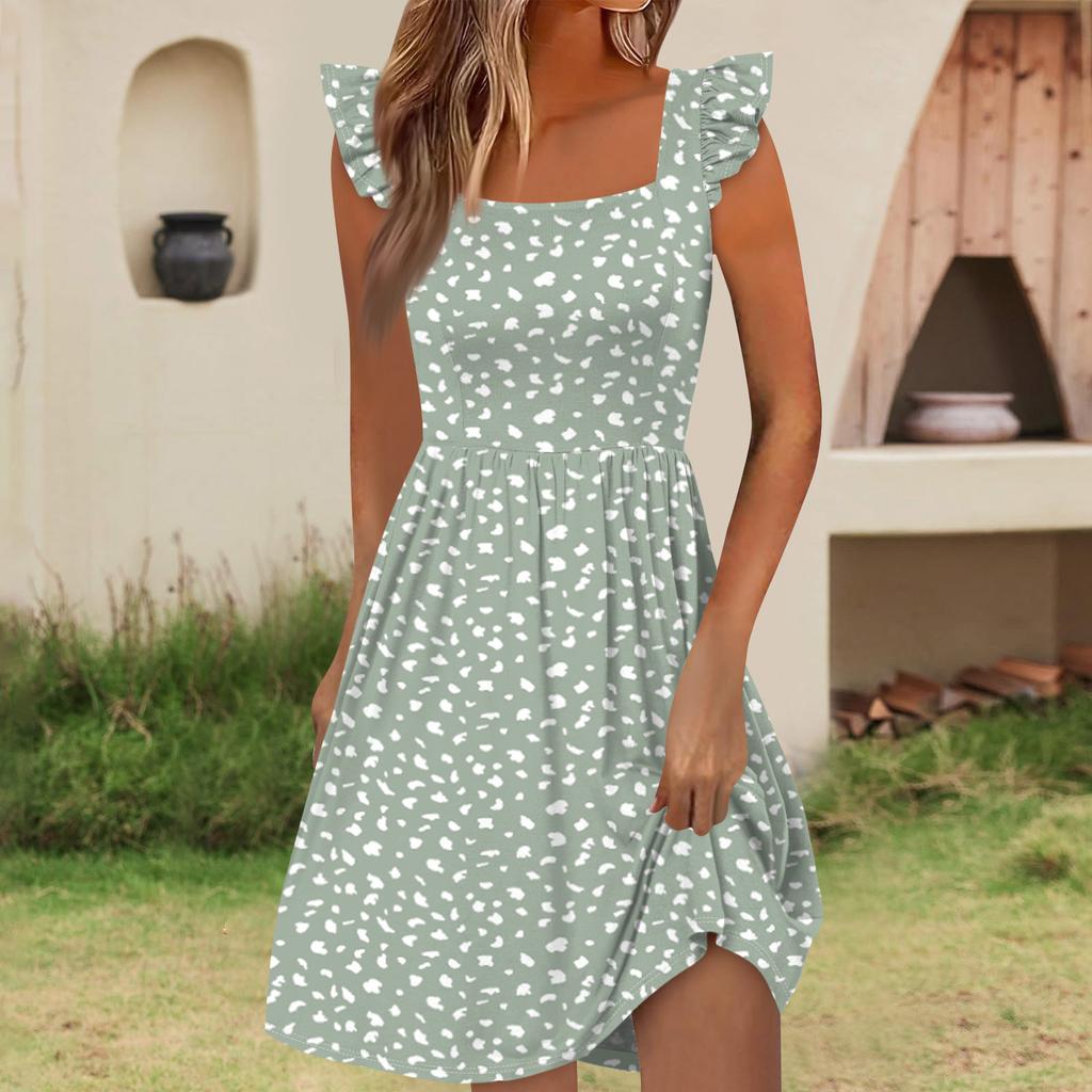 Women's Summer Casual Square Neck Dress With Pockets Cute Sleeveless High Waisted A-Line Vest Midi Dress