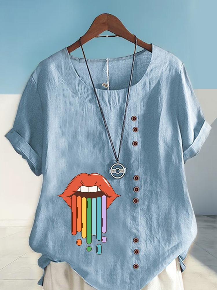 Women's Fashion Lips Rainbow Printing Round Neck Short Sleeve T-shirt Casual Cotton Linen Graphic Shirt Leisure Loose Summer Blouse Tops