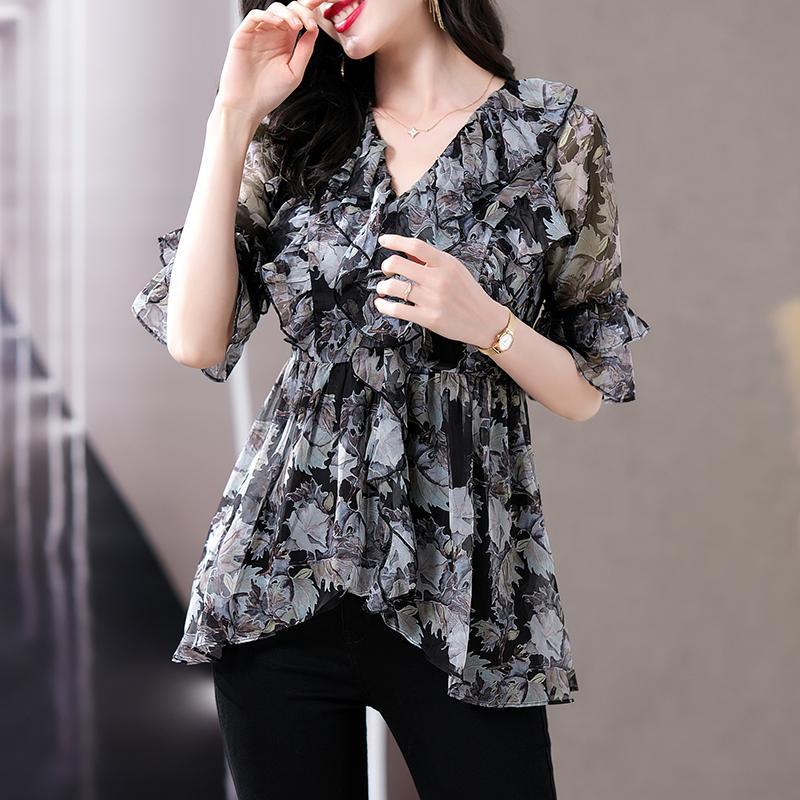 Loose French Style Black Shirt for Women, Oversized Chiffon Blouse Spring Summer Mom V-Neck Top