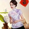 Женские топы Ципао в стиле ретро с воротником-стойкой и коротким рукавом с цветочным принтом, традиционные китайские топы, новогодние топы Cheongsam, женская одежда