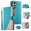 For Samsung Galaxy S24 FE Case Zipper Wallet Color Splicing Leather Flip Phone Cover with Straps