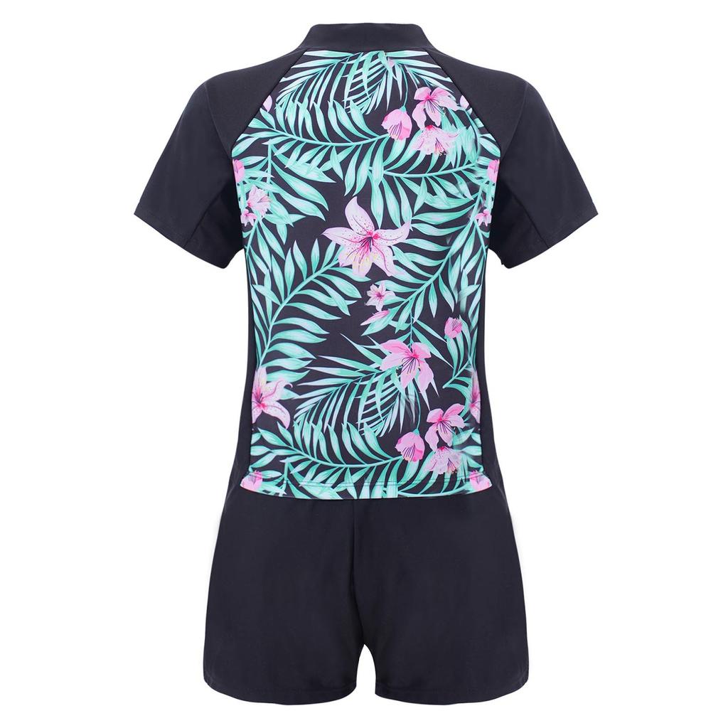 Girls 2 Piece Floral Print Swim Set Round Neck Short Sleeve Top Elastic Waist Boyshorts Beach Bathing Suit Swimsuit