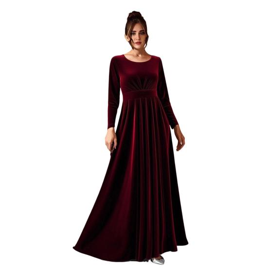 Женское бархатное платье макси, повседневное, с круглым вырезом, длинными рукавами, А-силуэта, платье-свинг, осеннее, для коктейльной вечеринки, формальное платье для гостьи на свадьбе