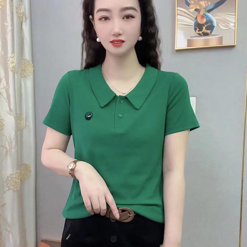 Elegant Women's Summer Cotton T-Shirt with Peter Pan Collar - Stylish Short-Sleeve Slimming Top