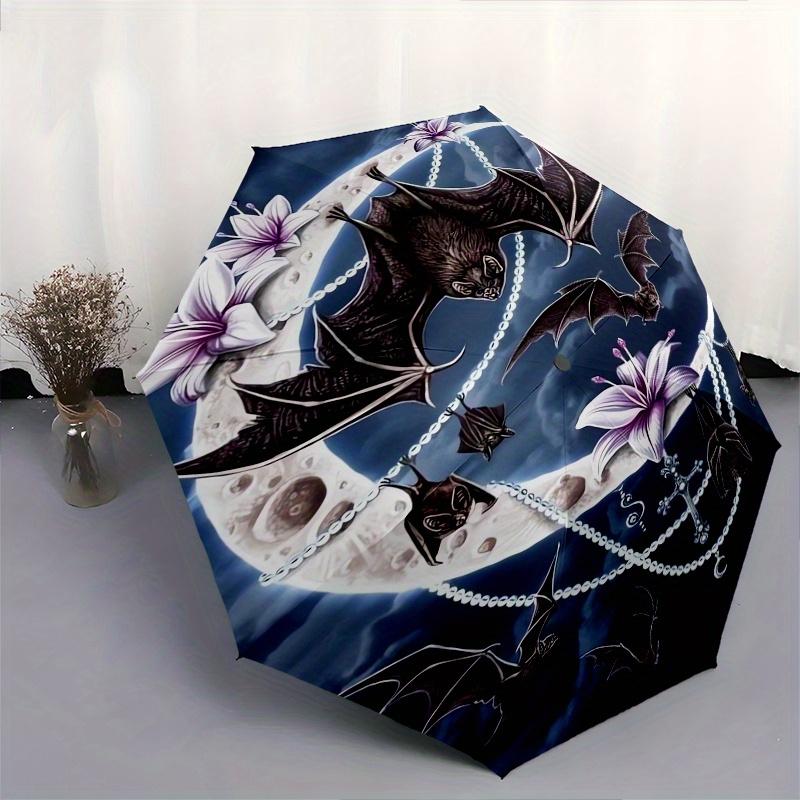 Bat Moon Automatic Folding Umbrella 8 Ribs, Durable Iron Frame, Bright Color Pattern Compact Travel Umbrella, Suitable for Outdoor, Beach a