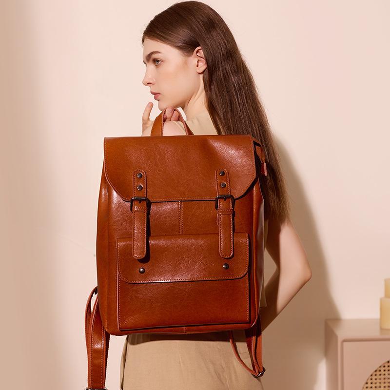 Women's Genuine Leather Backpack - Wear-Resistant Cowhide, 14", Large Capacity, College Style, British Retro, Neutral Design.