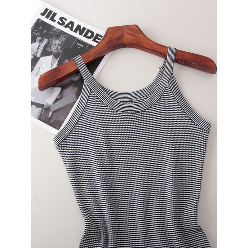Fashion Style Halterneck Pinstripe Sheath Dress Narrow Shoulder Sleeveless Knitting Silm Slim-Fit Sleeveless Dress