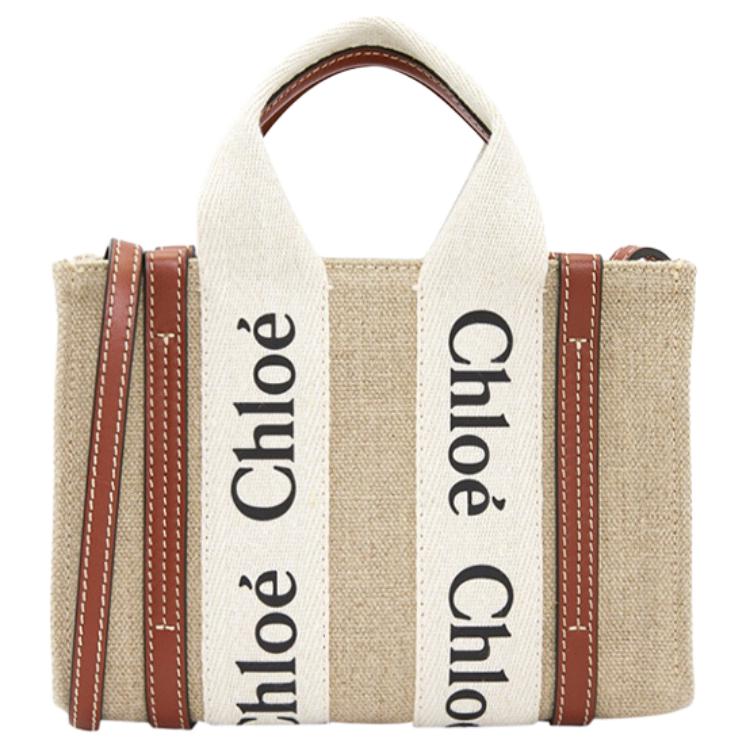Chloe Woody Канва с принтом логотипа и кожаная сумка-тоут Женские сумки-тоут Цвет: Off-White CHC22-AS397I26-90U
