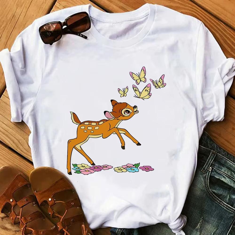 Cartoon Cute Bambi Printed T Shirt Fashion Women Casual Short Sleeves Streetwear Tshirt Summer Harajuku Tshirts Tops