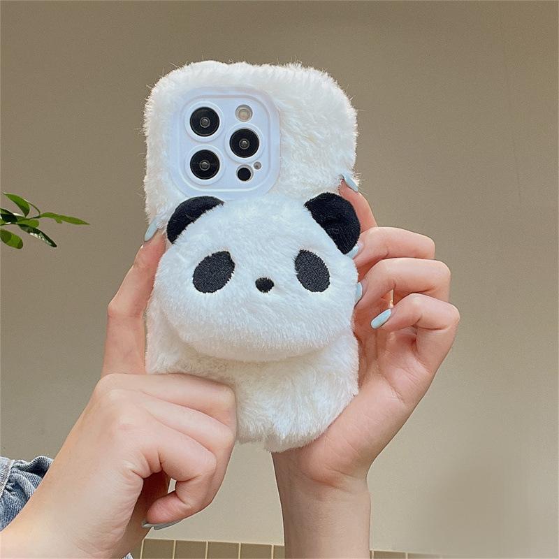 3D Cute Cartoon Panda Plush Fur Fluffy Couple Phone Case For iPhone 16 15 14 13 12 11 17 18 Pro Max Plus Shockproof Protective Cover