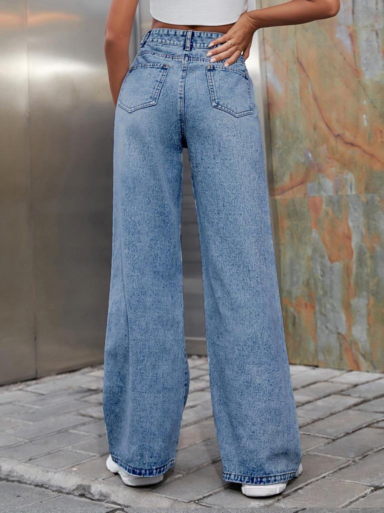 Women's INS Fashion Ripped High-Waisted Wide-Leg Jeans