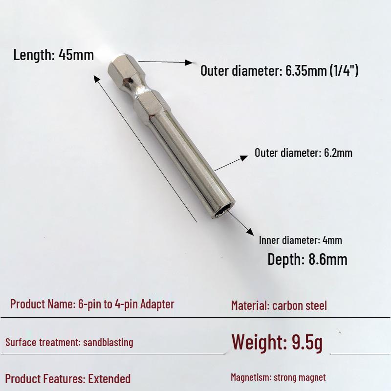 Bit Converter Magnetic Rod: 6 to 4 Adapter, 4mm/6.35mm to 1/4 Extension