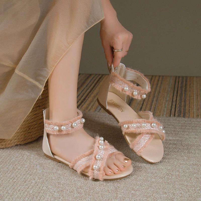 Мода 2024 года, низкие сандалии, женские, кожаные, большого размера, с открытым носком, женские, универсальные, летние, на каблуках, на низком каблуке, большие, закрытые, разноцветные, удобные