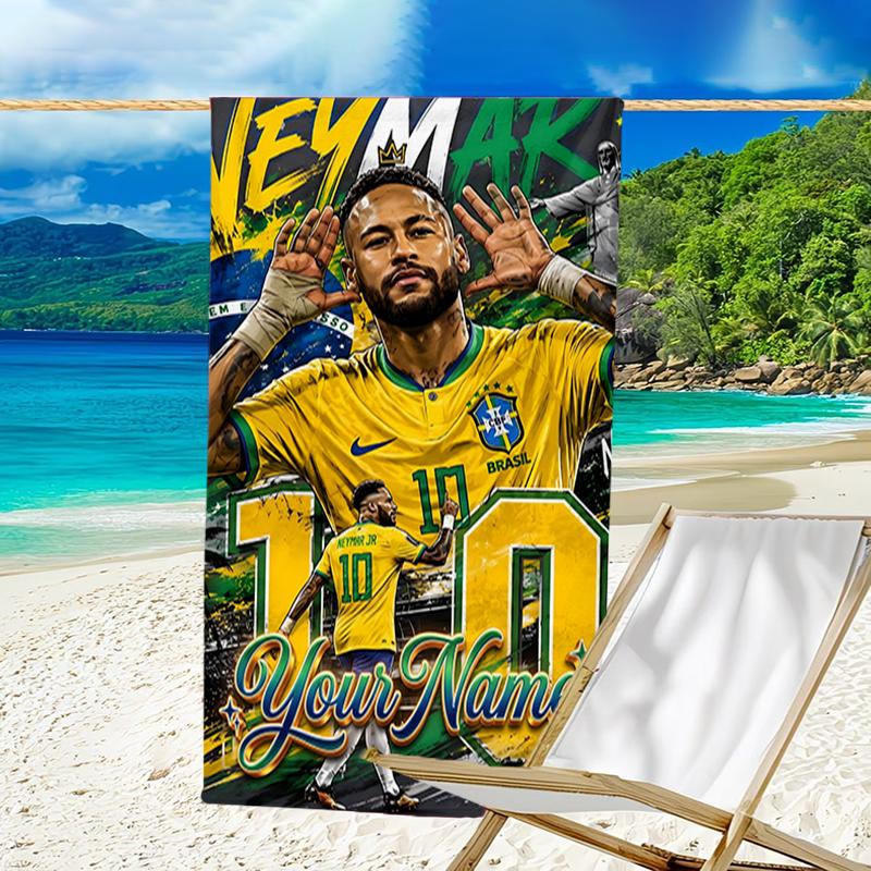 1pc Brazilian football player Beach Towel with Custom Name, Beach and Seaside Swimming Pool Equipment, Fashion Pattern, Rectangular, Travel Essential