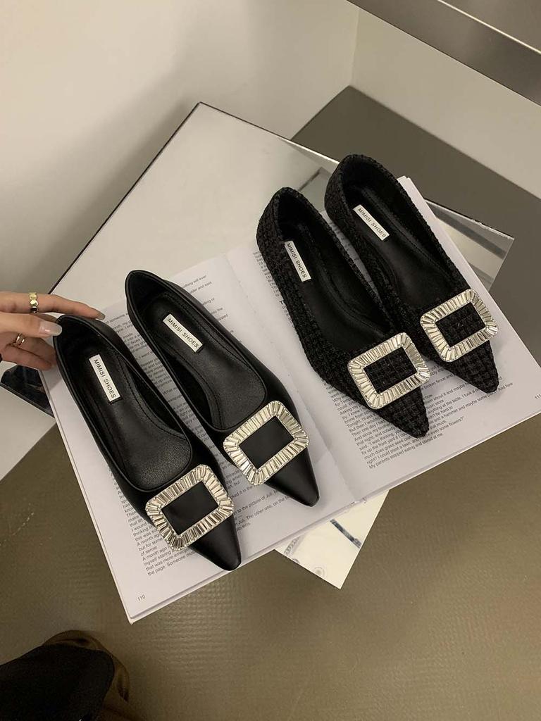 Fashion Casual Women Slides Flat Loafers 2024 New Arrivals Black Rhinestone Buckle 2024 New Arrivals Shallow Slip On Dress Shoes Woman