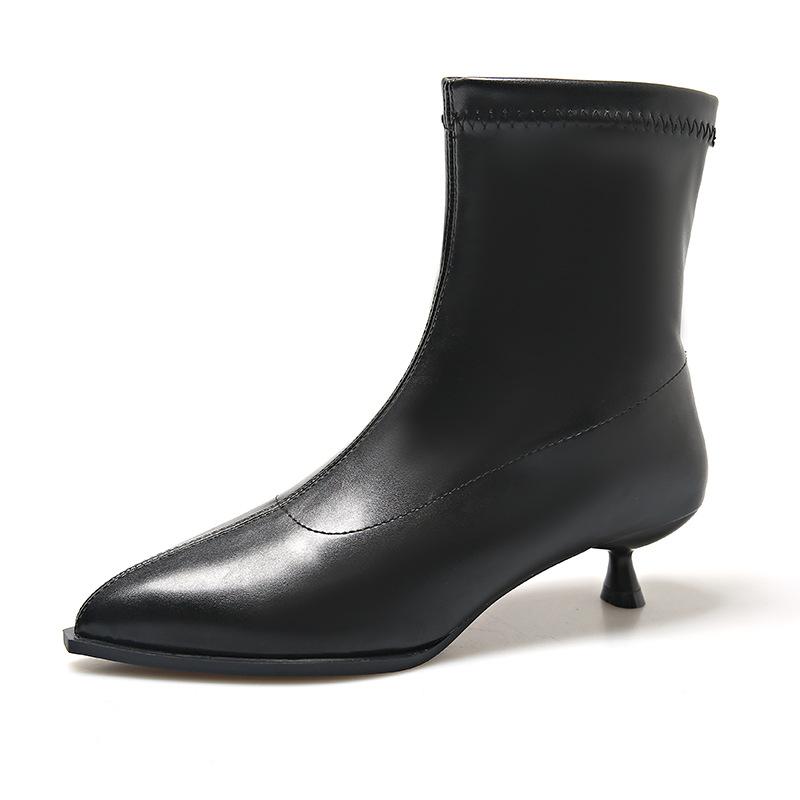 Горячие продажи Французские кожаные ботинки 2025 Осень Новые женские модные одинарные ботинки Острый носок, Тонкий каблук Средний каблук, Ботильоны-чулки