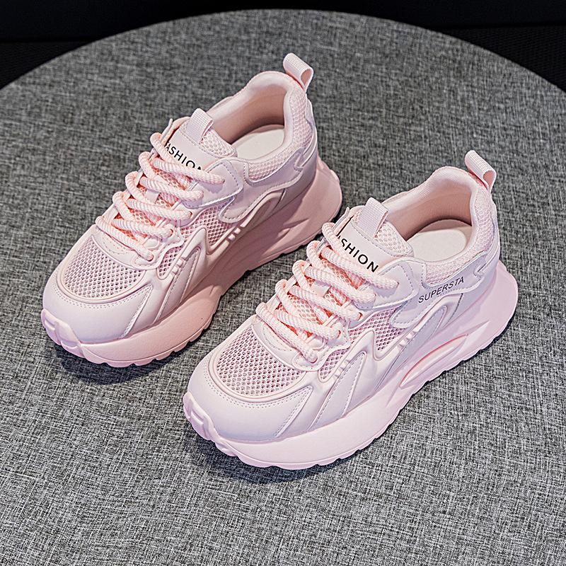 Leather platform dad shoes spring and summer new mesh breathable inner height increase casual Forrest Gump shoes