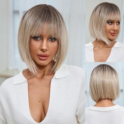 Короткий парик из синтетических натуральных волос Бобо, коричневый с омбре, с челкой для женщин, парики из термостойкого волокна для косплея, вечеринки