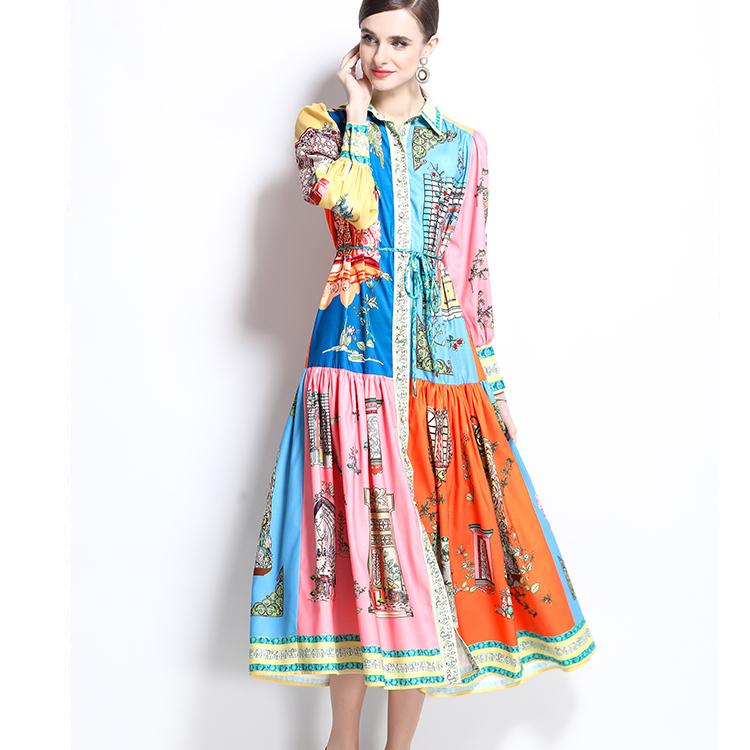 Spring Summer Women Turn-down Collar Shirt Vintage Print Oversize Long Loose Party Dresses