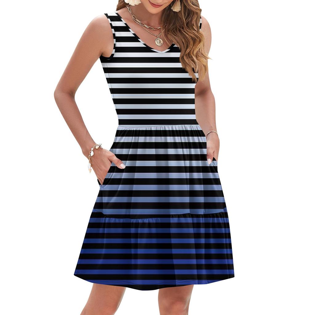 Women's Summer Fashion Casual V-neck Pleated Patchwork Striped Print Sleeveless Pocket Vest Dress