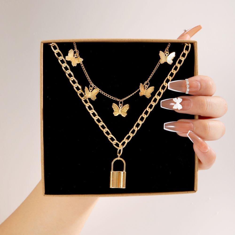 iF ME Vintage Pearl Multilayer Butterfly Necklace Gold Color Pendant Choker Chain Women Jewelry Accessories[No Box]