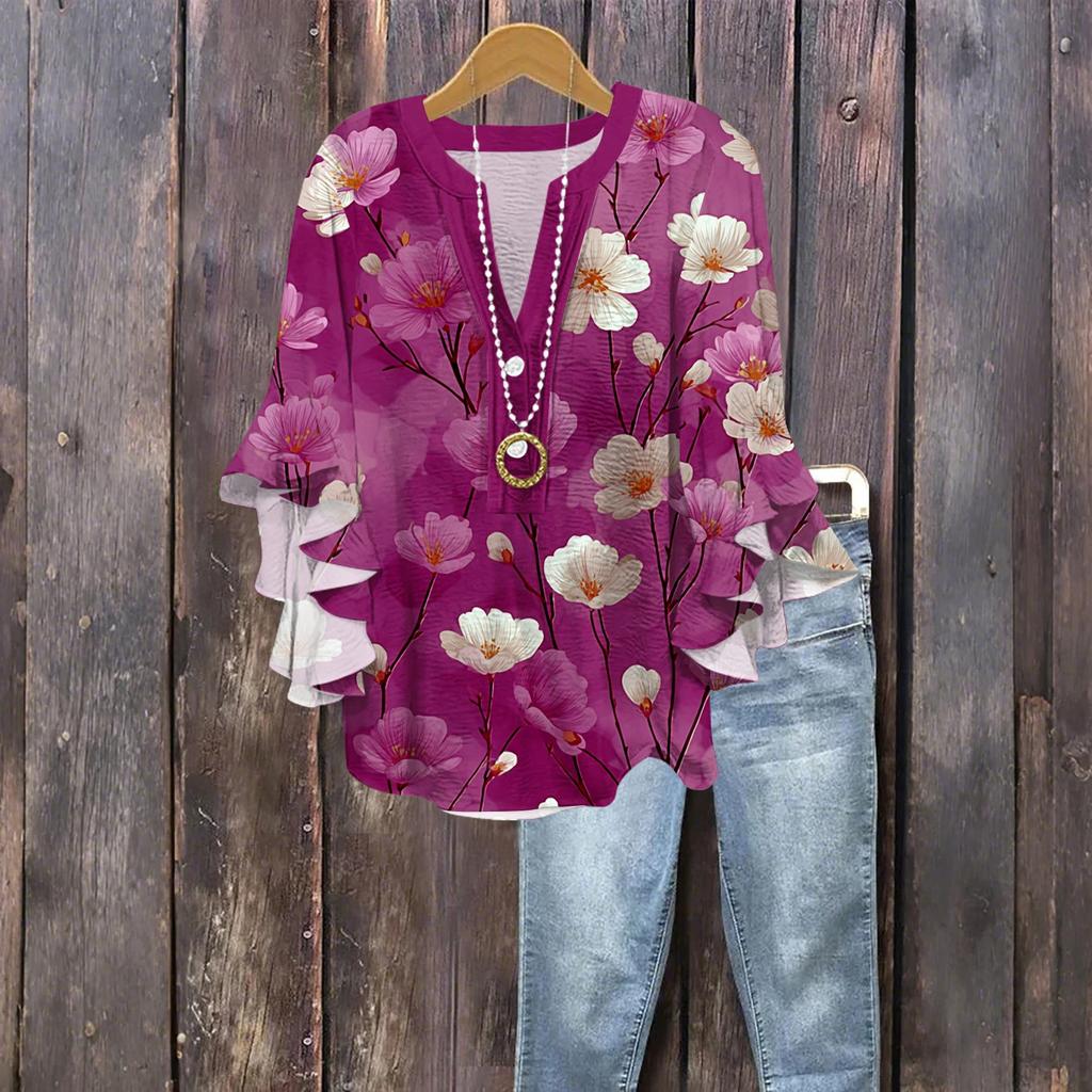 Women's Fashion Button V-Neck Ruffle Seven Sleeve Blouse Floral Printed Top