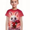 3D Cute Bunny Heart Print Short Sleeve T-shirt Girls Casual Crew Neck Tees For Gift Outdoor Valentine's Day