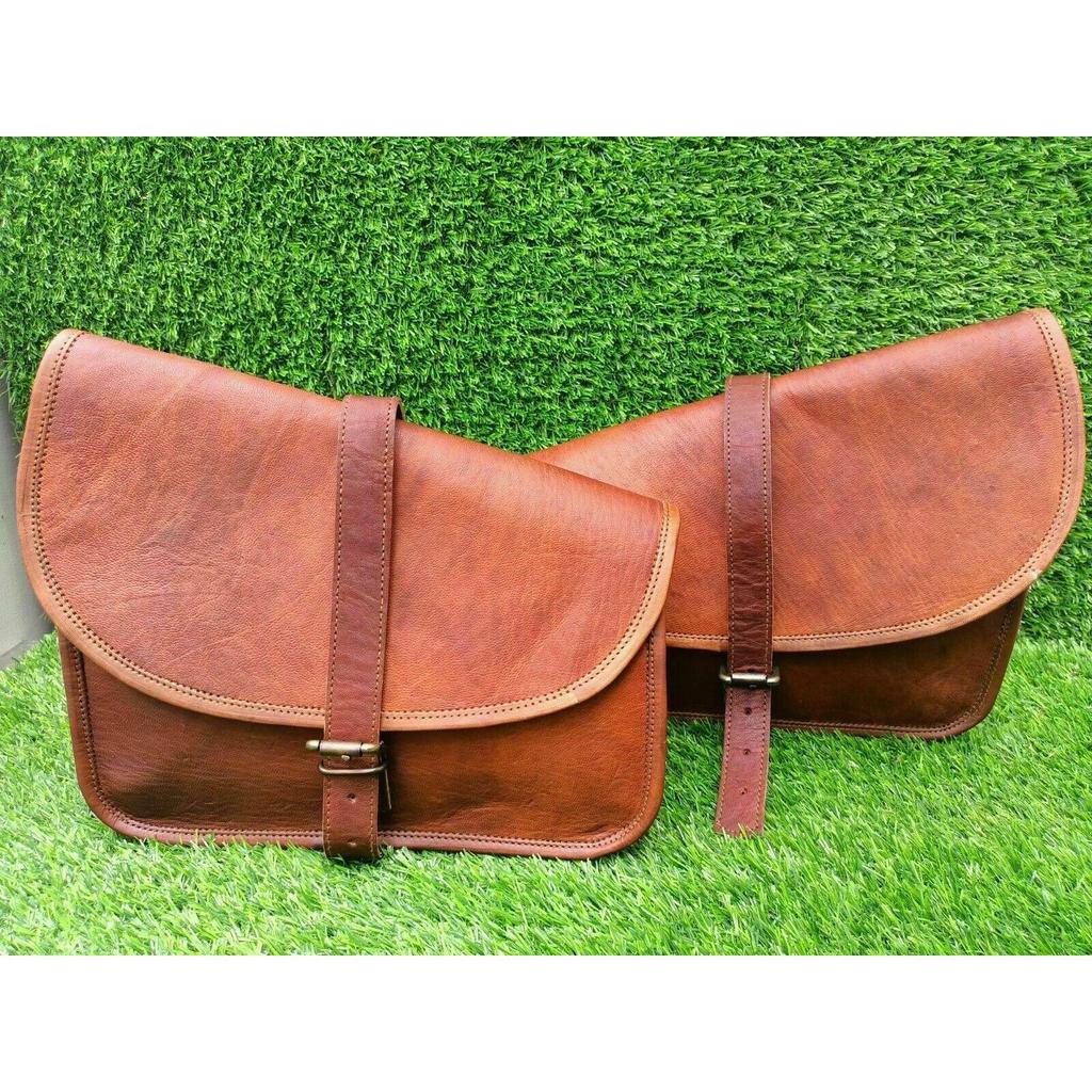 Combo Brown Vintage Leather 3 Saddle Bag Motorcycle Swing Arm Storage Tool Pouch