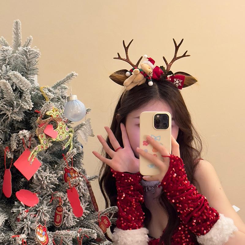 Рождественский медведь и рога повязка на голову для детей - праздничный дизайн с цветками сливы и нескользящими зубчиками