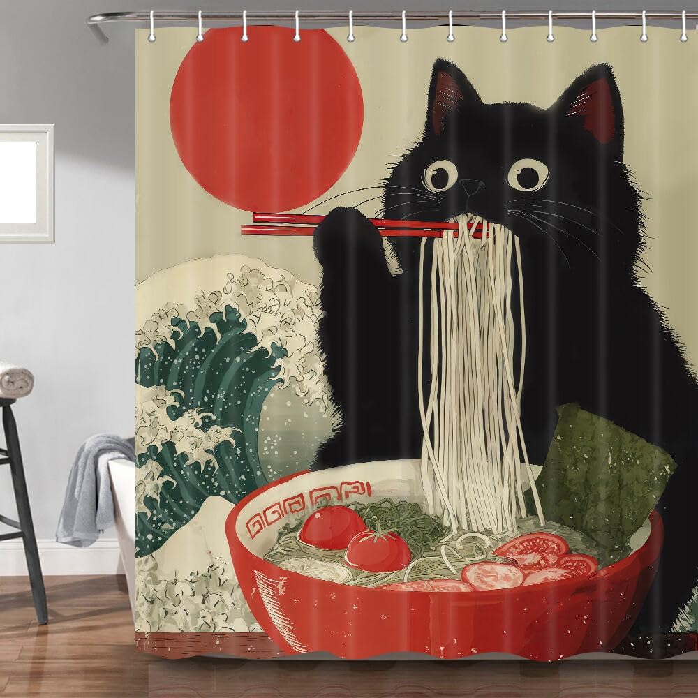 Funny Japanese Cat Shower Curtain Vintage Fun Cool Cute Black Cat Art Shower Curtain Asian Japan Sunset Anime Ocean Wave Unique