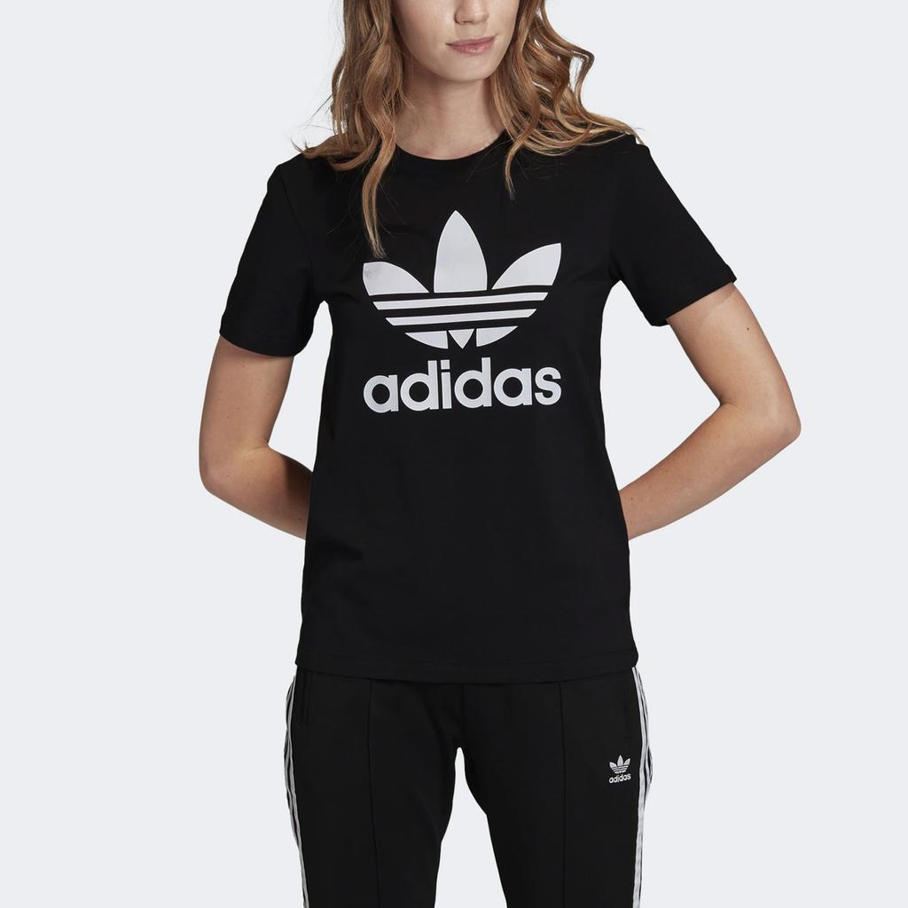 adidas Оригинальная футболка Trefoil Color Block с принтом логотипа Спортивная Американский Винтаж Круглый вырез Короткий рукав Футболка Женские Топы Черный FM3311