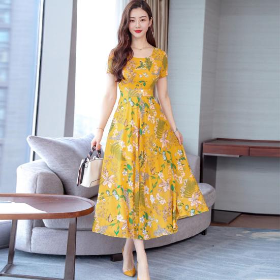 Женское летнее платье с цветочным принтом, пляжное платье длиной до середины икры с узкой талией, короткими рукавами, круглым вырезом, платье А-силуэта для вечеринки в отпуске
