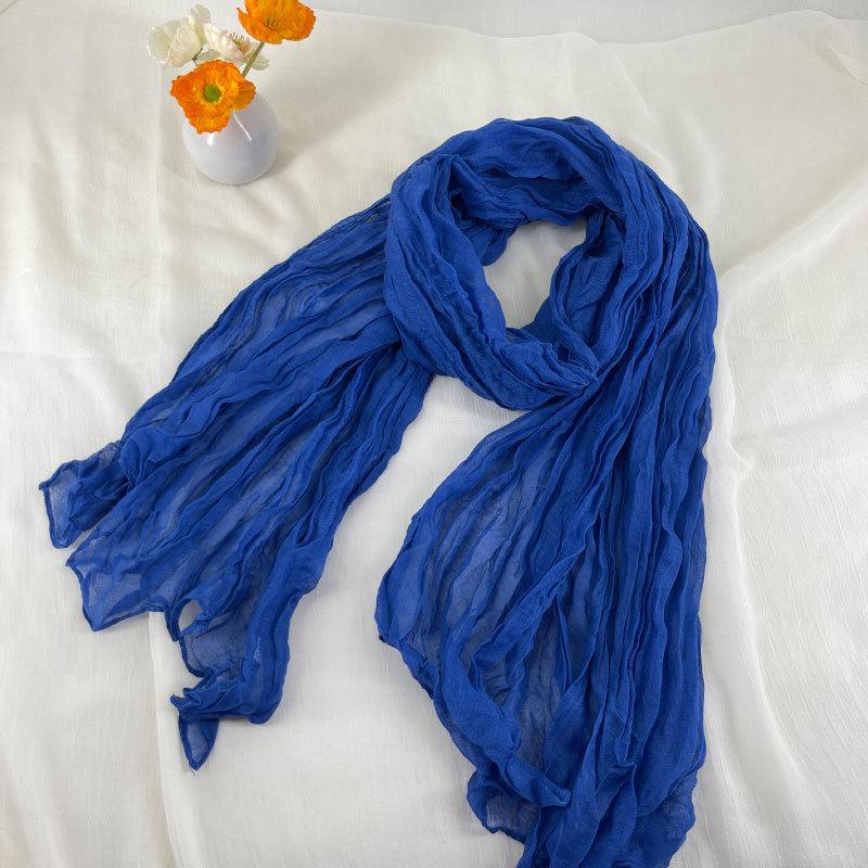 Autumn and Winter Warm Pure Color Wrinkled Cotton and Linen Scarf Artistic Versatile Pleated Scarf for Women