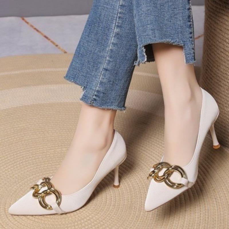 Fashion New Thin Heel Shoes Women's Fashion Pointed Head Shallow Mouth Metal Chain Set Foot Anti-slip Wear-resistant High Heels