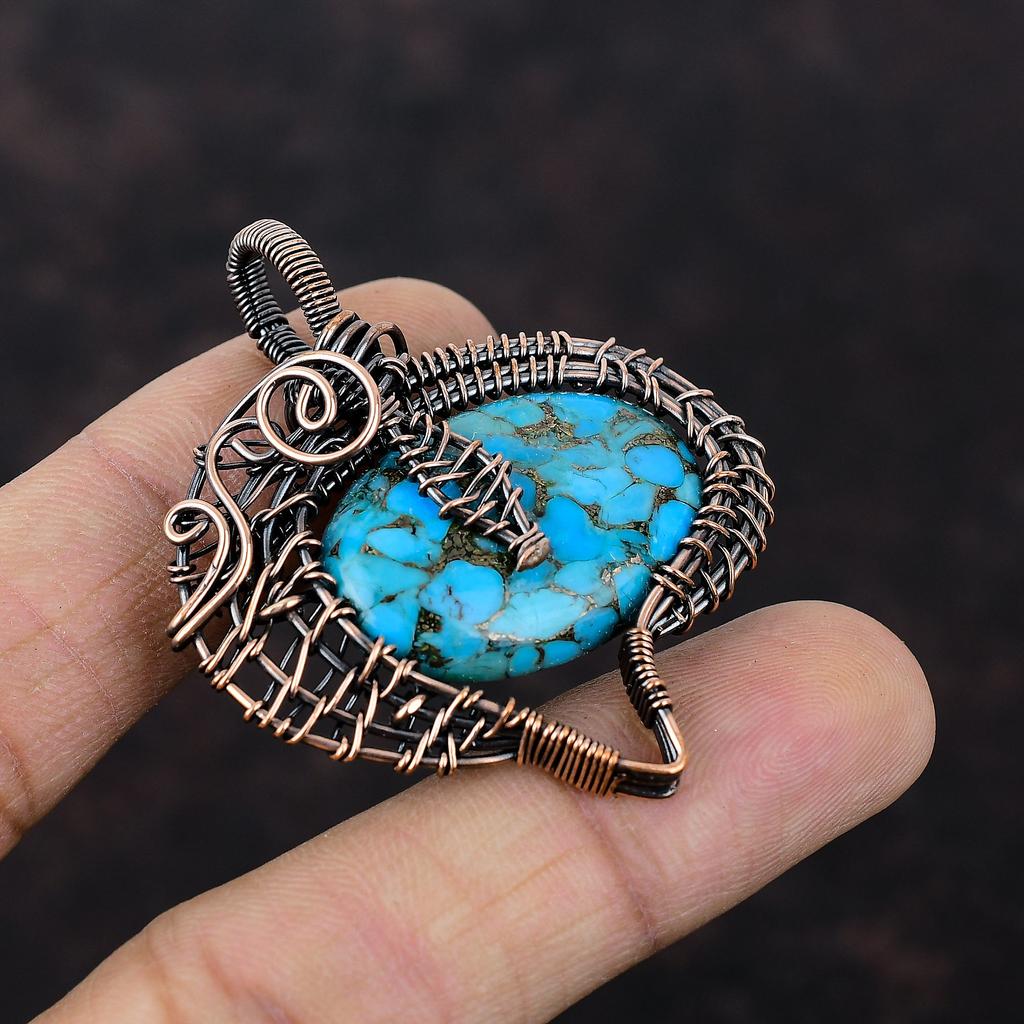 Copper Blue Turquoise Pendant Copper Wire Wrapped Gemstone Pendant Handmade Wire Wrap Jewelry Dainty Pendant For Gift Amazing Copper Jewelry