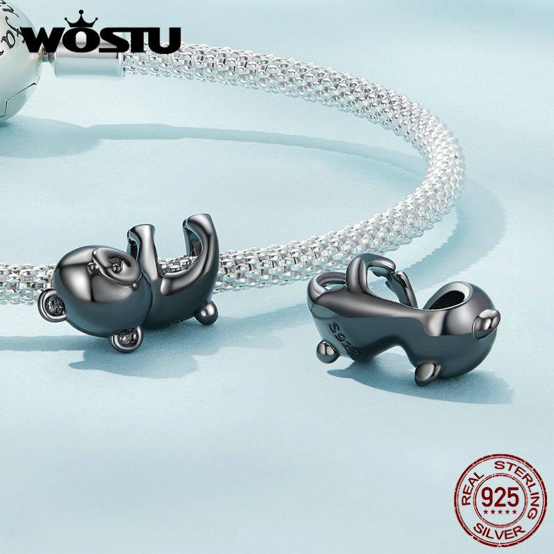 WOSTU 925 Sterling Silver Cute Black Baby Bear Charms Beads Fit Original Bracelet DIY Jewelry