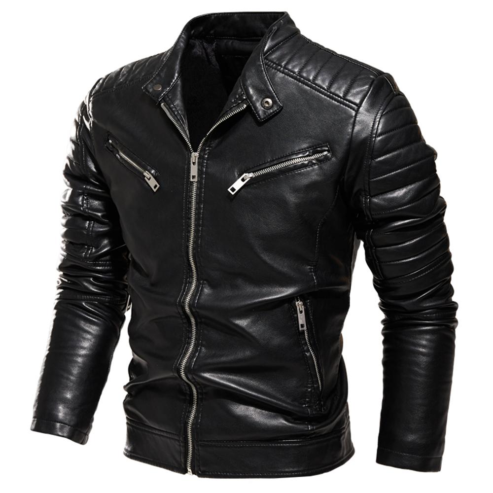 Winter Black Leather Jacket Men Fur Lined Warm Motorcycle Jacket Slim Street Fashion BLack Biker Coat Pleated Design Zipper