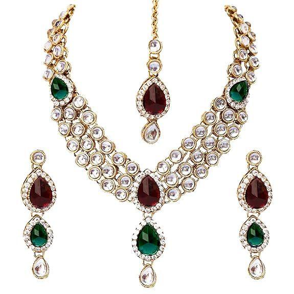 Latest Stylish 18k Gold Plated Traditional Kundan Necklace Jewellery Set for Women