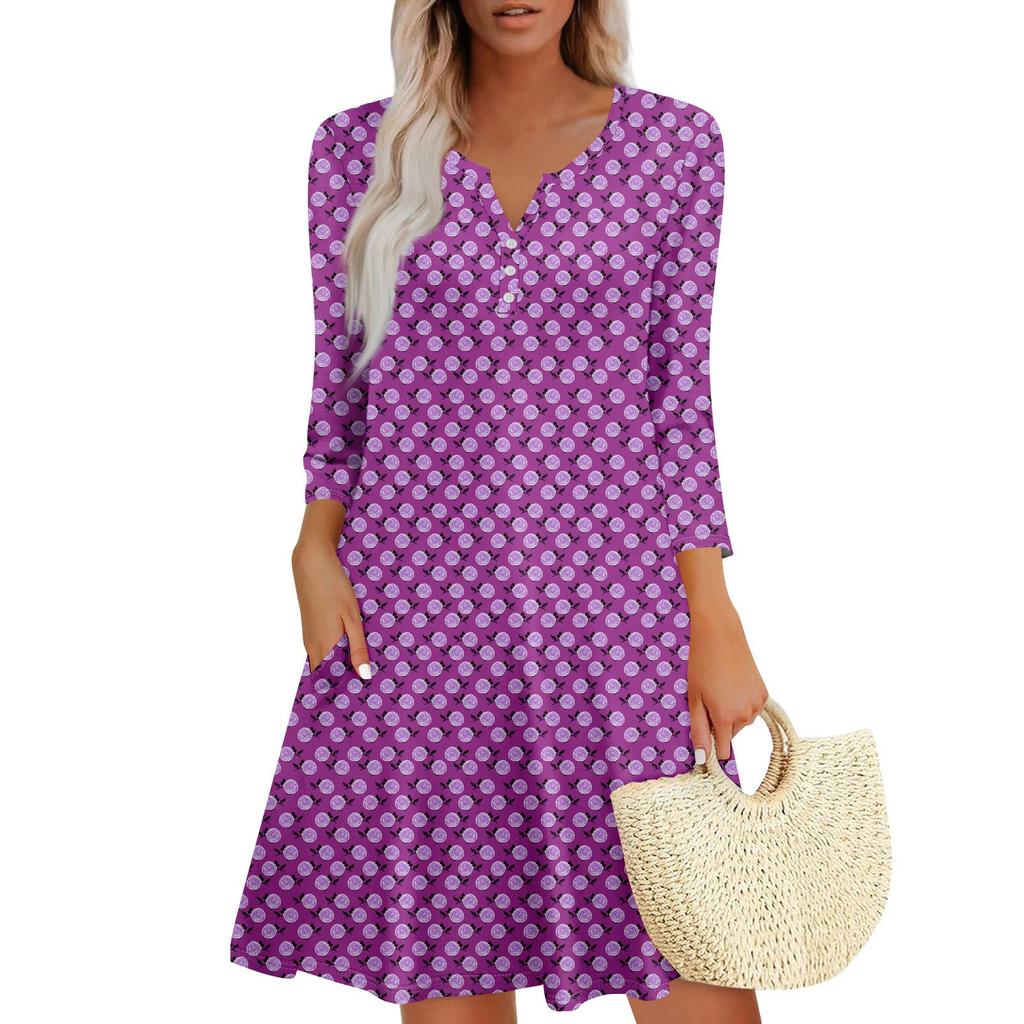 Women's Summer Dress Loose V Neck Three-quarter Sleeve Sundress With Pockets Dress