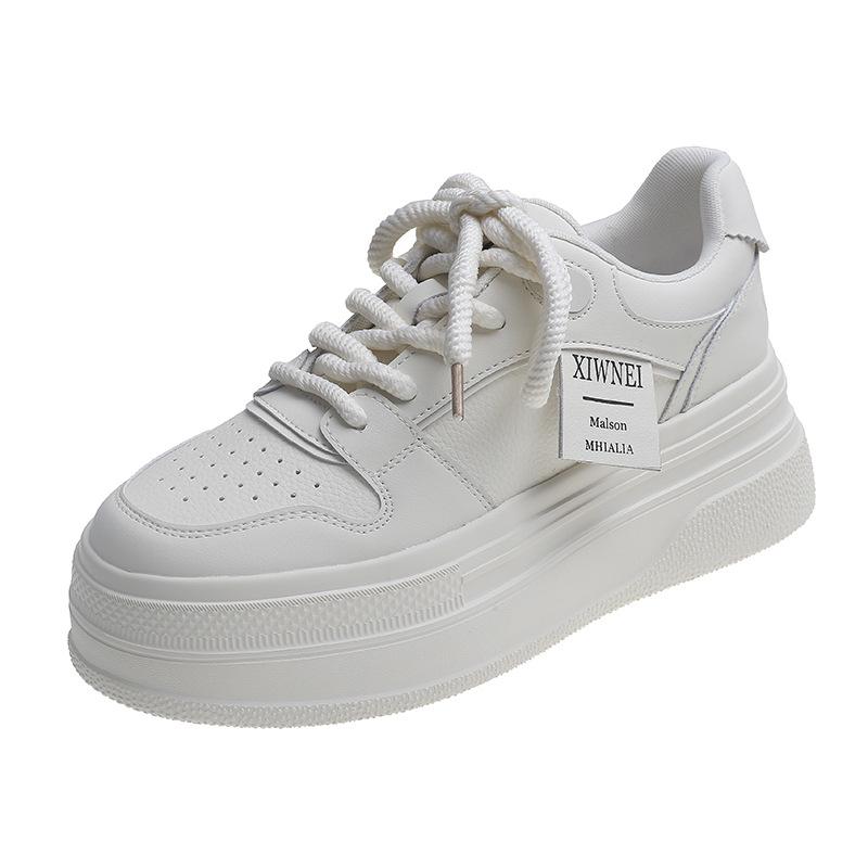 Женские туфли на толстой подошве, увеличивающие рост, из натуральной кожи, 2024, новые повседневные универсальные туфли-маффины, супер-огненные белые туфли