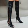 Женские сапоги выше колена, сексуальные, с открытым носком, с перекрестными шнурками, весенние, черные, красные, белые, высокие, длинные, для вечеринок, женские