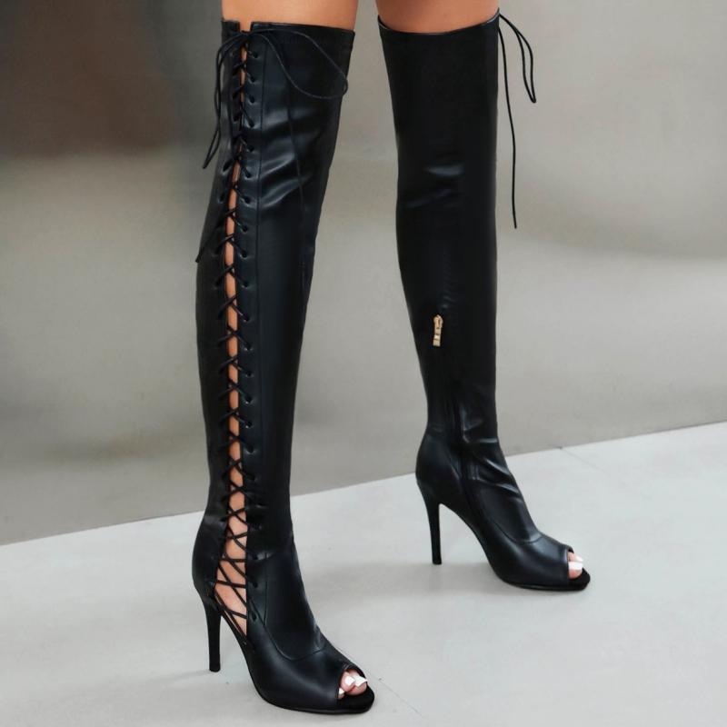 Женские сапоги выше колена, сексуальные, с открытым носком, с перекрестными шнурками, весенние, черные, красные, белые, высокие, длинные, для вечеринок, женские