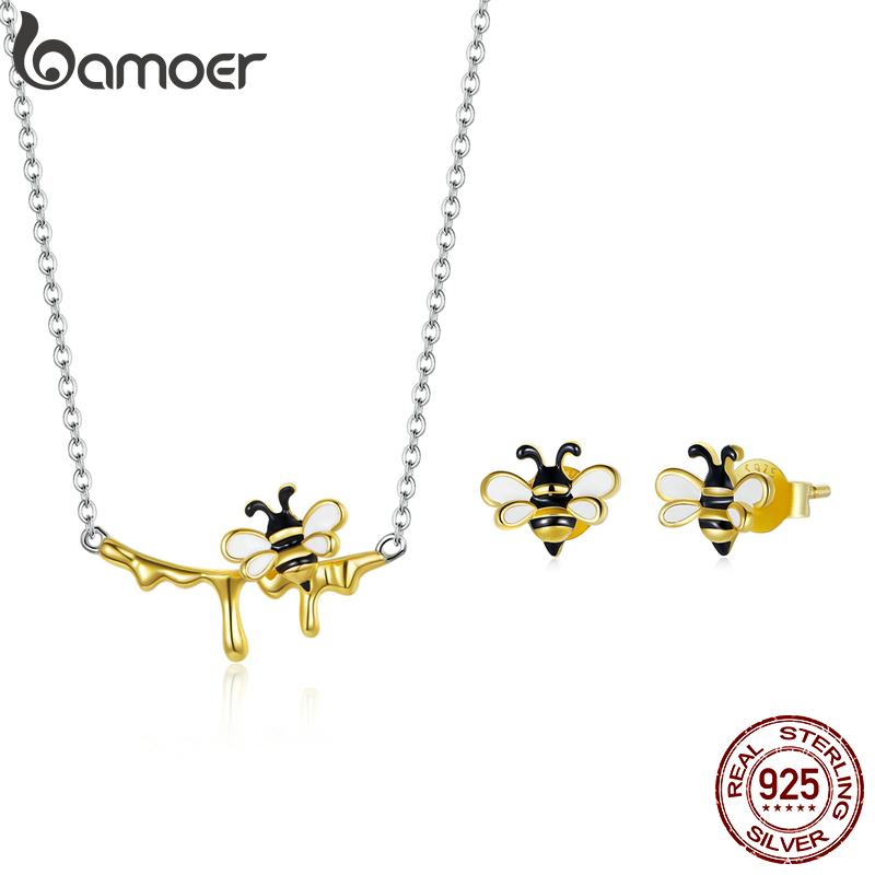 BAMOER, стерлинговое серебро 925 пробы, эмаль, шмель и сладкий мед, блестящее ожерелье и серьги-гвоздики для женщин, модный комплект ювелирных изделий