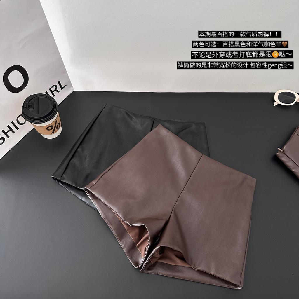 Pu Leather Bag Hip Shorts Women's Autumn And Winter Slim High Waist Slim Sexy Hot Girl Black Outer Boots Pants Straight Leather Pants