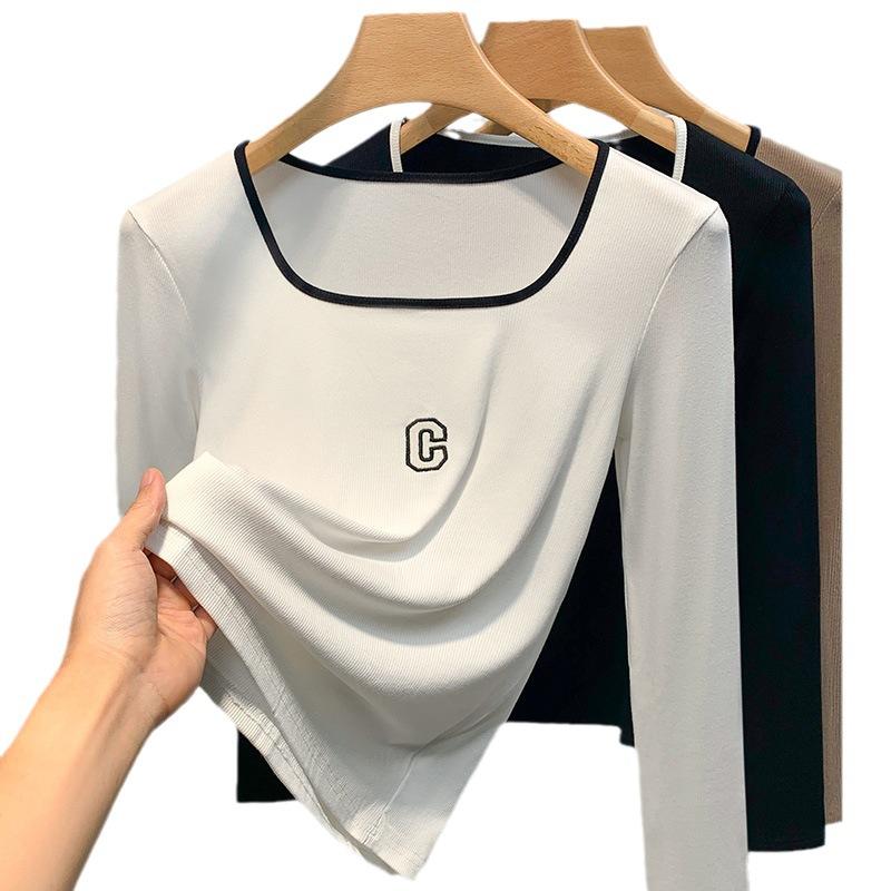 Тонкая базовая футболка для женщин Новая женская футболка с длинным рукавом контрастного цвета с надписями Приталенный топ с квадратным вырезом для ношения под одеждой