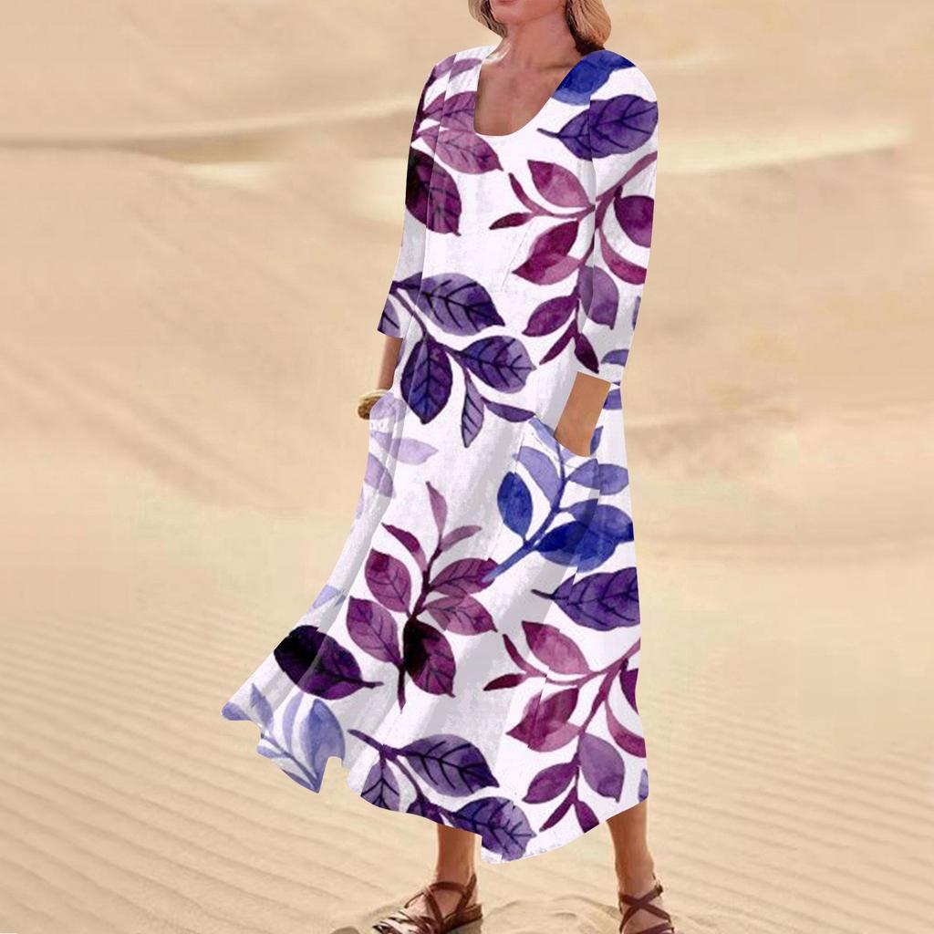 Женское повседневное удобное хлопковое карманное платье с цветочным принтом и рукавами три четверти